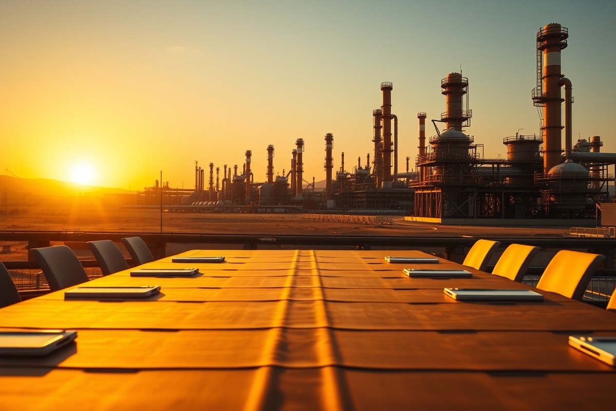 Карта Ближнего Востока с символами дипломатических переговоров и нефтяных вышек.
