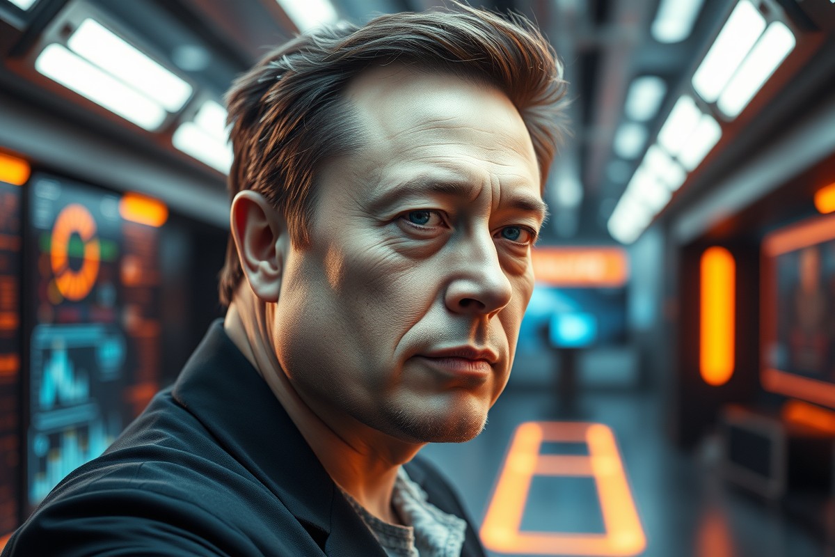 Илон Маск на фоне логотипов Tesla и SpaceX в контексте судебного разбирательства.