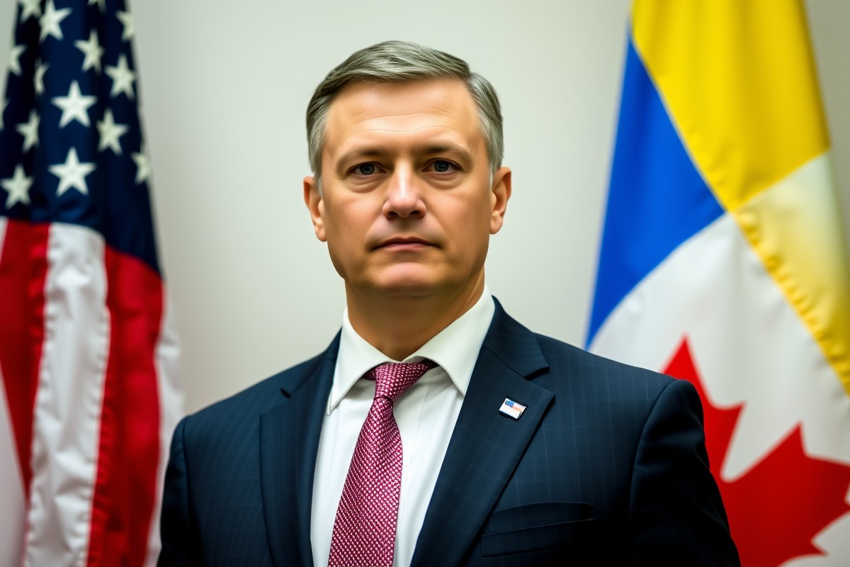 Президент Украины Владимир Зеленский на фоне флагов США и Канады.