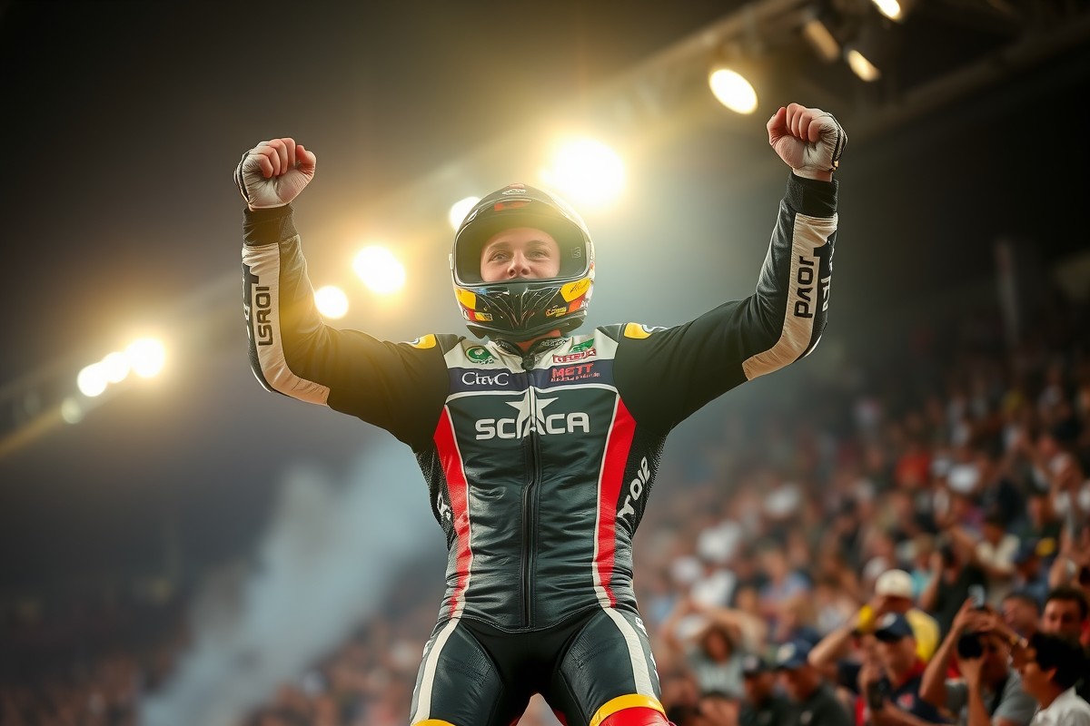 Гонщик Дебись на мотоцикле Zhangmo празднует подиум в классе WorldSSP чемпионата WSBK.