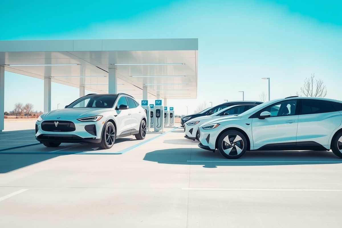 Логотипы компаний Geely и NIO на фоне станции быстрой замены аккумуляторов электромобиля.