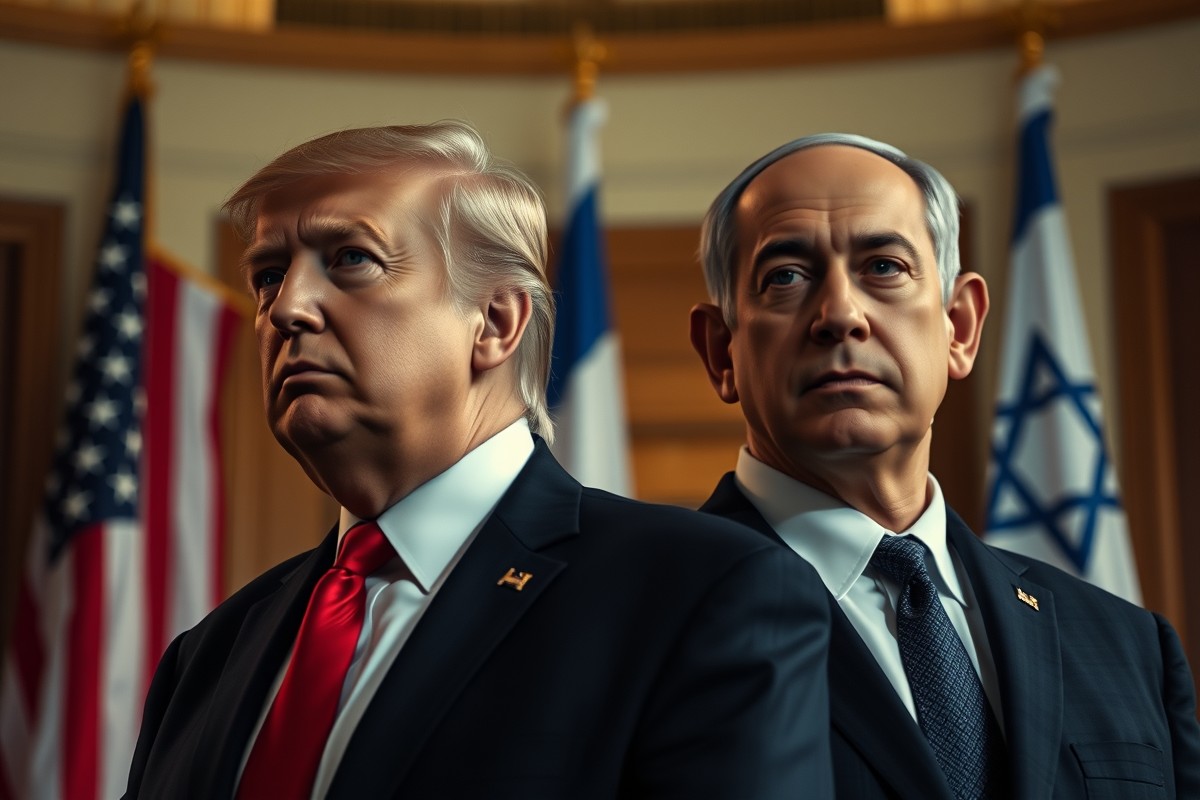 Дональд Трамп и Биньямин Нетаньяху на фоне флагов США и Израиля.