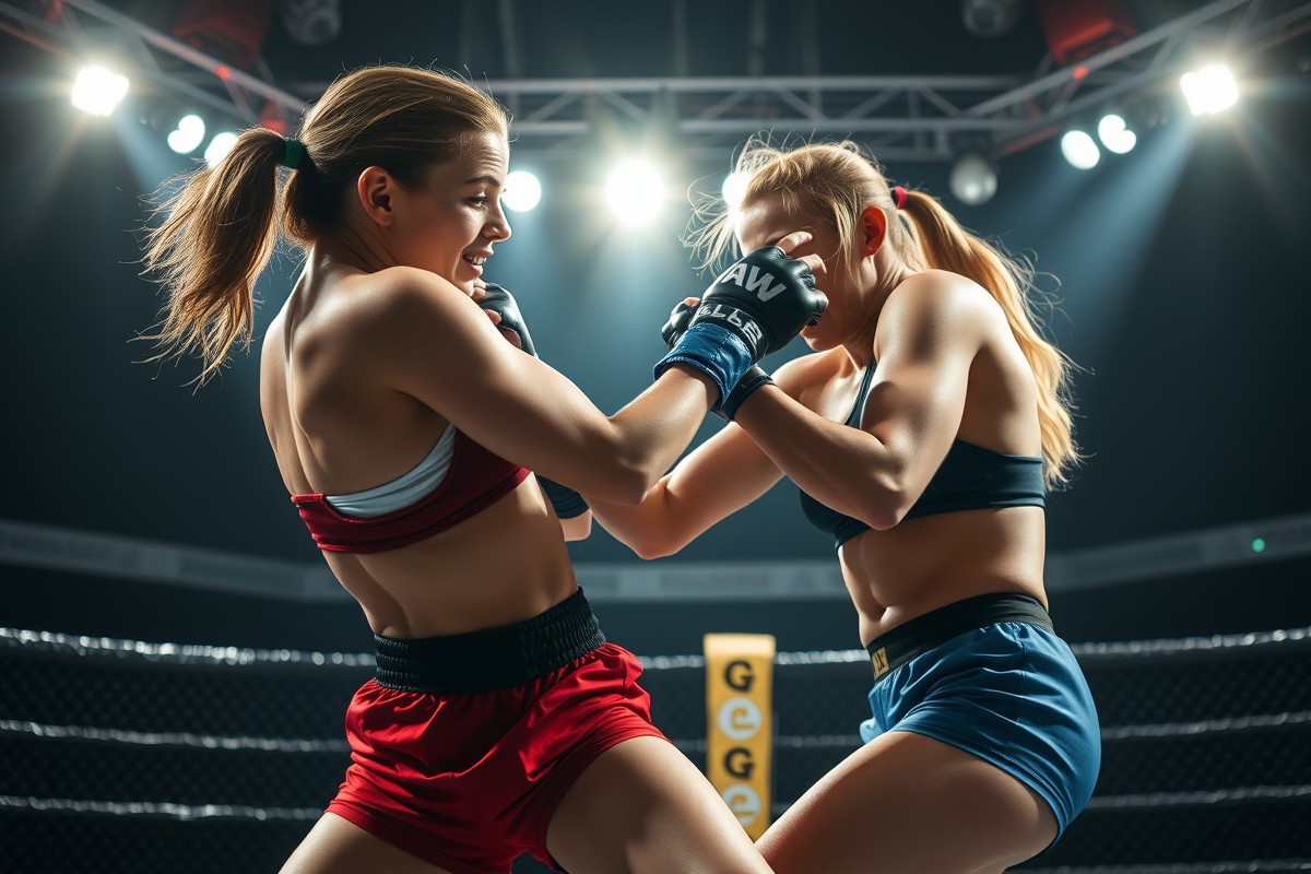 Ван Цунг и Наталья Сильва в октагоне UFC во время боя за титул чемпиона в мухоломном весе.